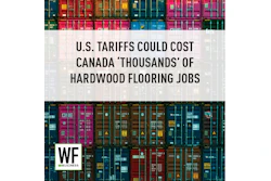 Colorful shipping containers with headline about U.S. tariffs affecting Canadian hardwood flooring jobs, WE Business logo