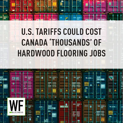 Colorful shipping containers with headline about U.S. tariffs affecting Canadian hardwood flooring jobs, WE Business logo
