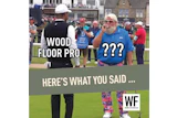 Meme comparing wood floor professional to confused person at golf tournament with WE Business logo