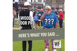 Meme comparing wood floor professional to confused person at golf tournament with WE Business logo