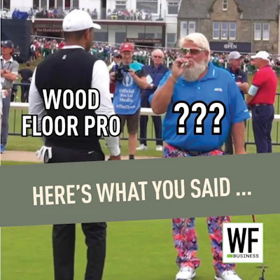 Meme comparing wood floor professional to confused person at golf tournament with WE Business logo