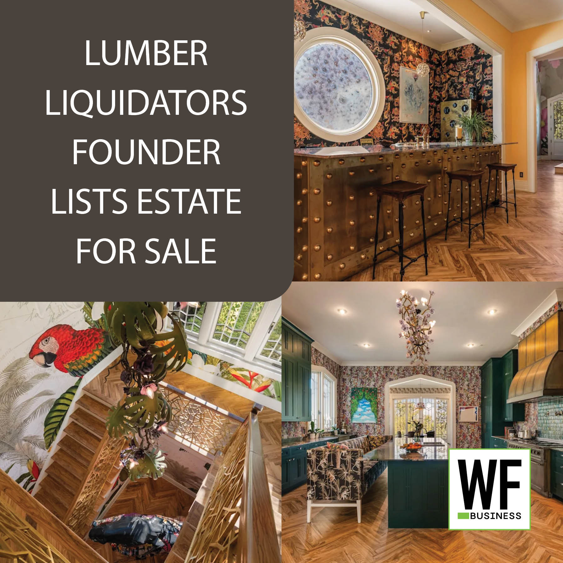 Luxury home interior featuring elegant bar area with round mirror, staircase with parrot, green kitchen, and WE Business logo