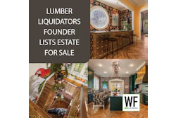 Luxury home interior featuring elegant bar area with round mirror, staircase with parrot, green kitchen, and WE Business logo