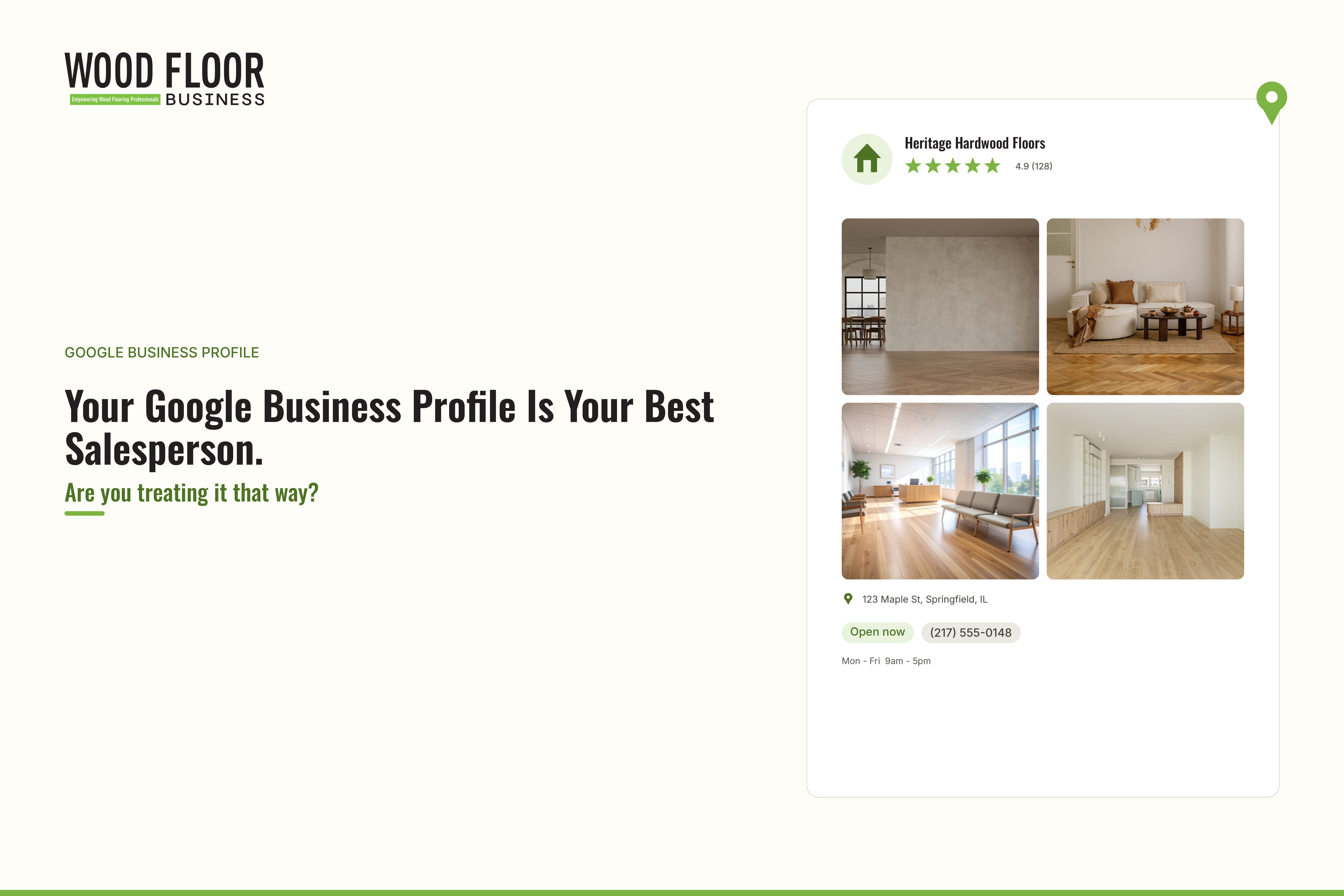 Wood Floor Business logo with green accent and Google Business Profile showcase featuring hardwood flooring samples