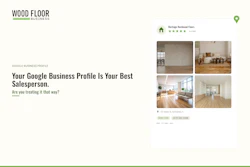 Wood Floor Business logo with green accent and Google Business Profile showcase featuring hardwood flooring samples