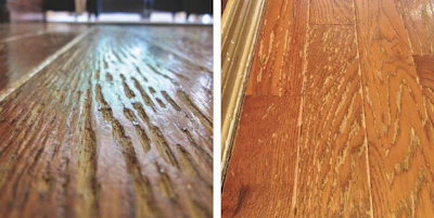 Close-up comparison of two hardwood floor finishes showing wood grain texture and natural brown tones