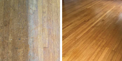 Comparison of worn hardwood flooring on left with newer polished hardwood flooring on right